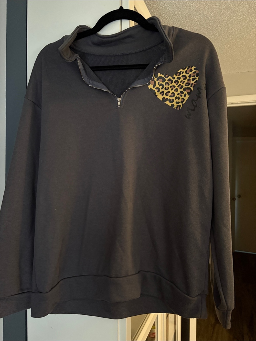 Charcoal Half-Zip Sweatshirt with Leopard Heart